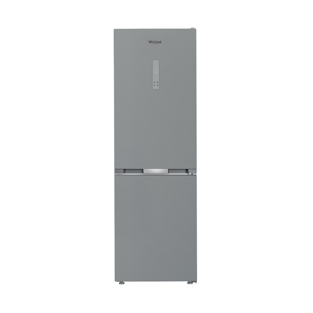 Un refrigerador Whirlpool plateado se encuentra contra un fondo blanco, mostrando su altura y diseño completos.