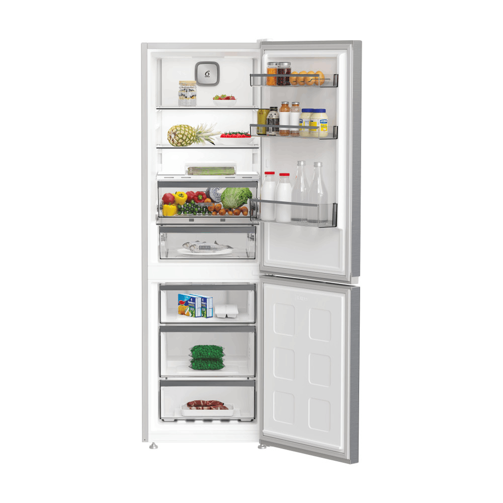 Refrigerador con puertas abiertas, mostrando comida.