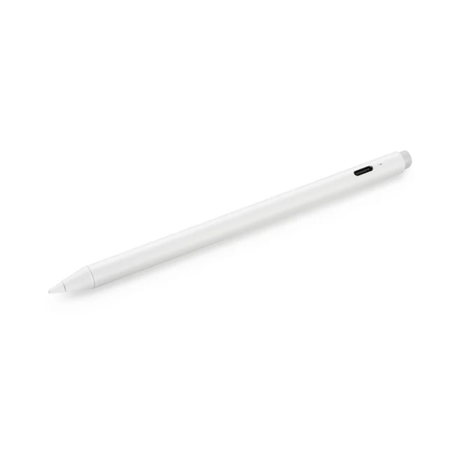 Un lápiz óptico blanco. Diseño simple y limpio con punta redondeada y puerto de carga.