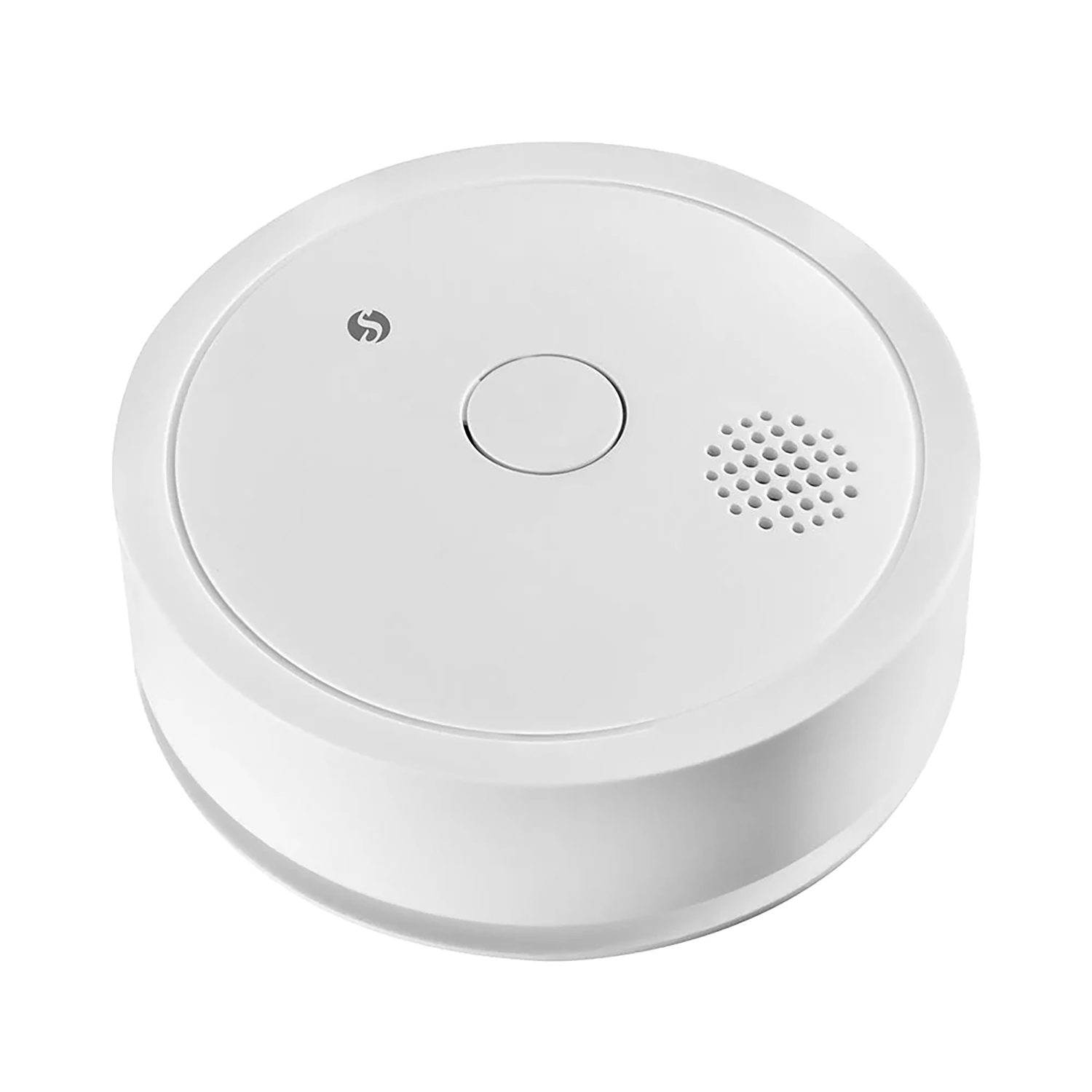 Detector de humo blanco y redondo con un botón central y un área perforada.