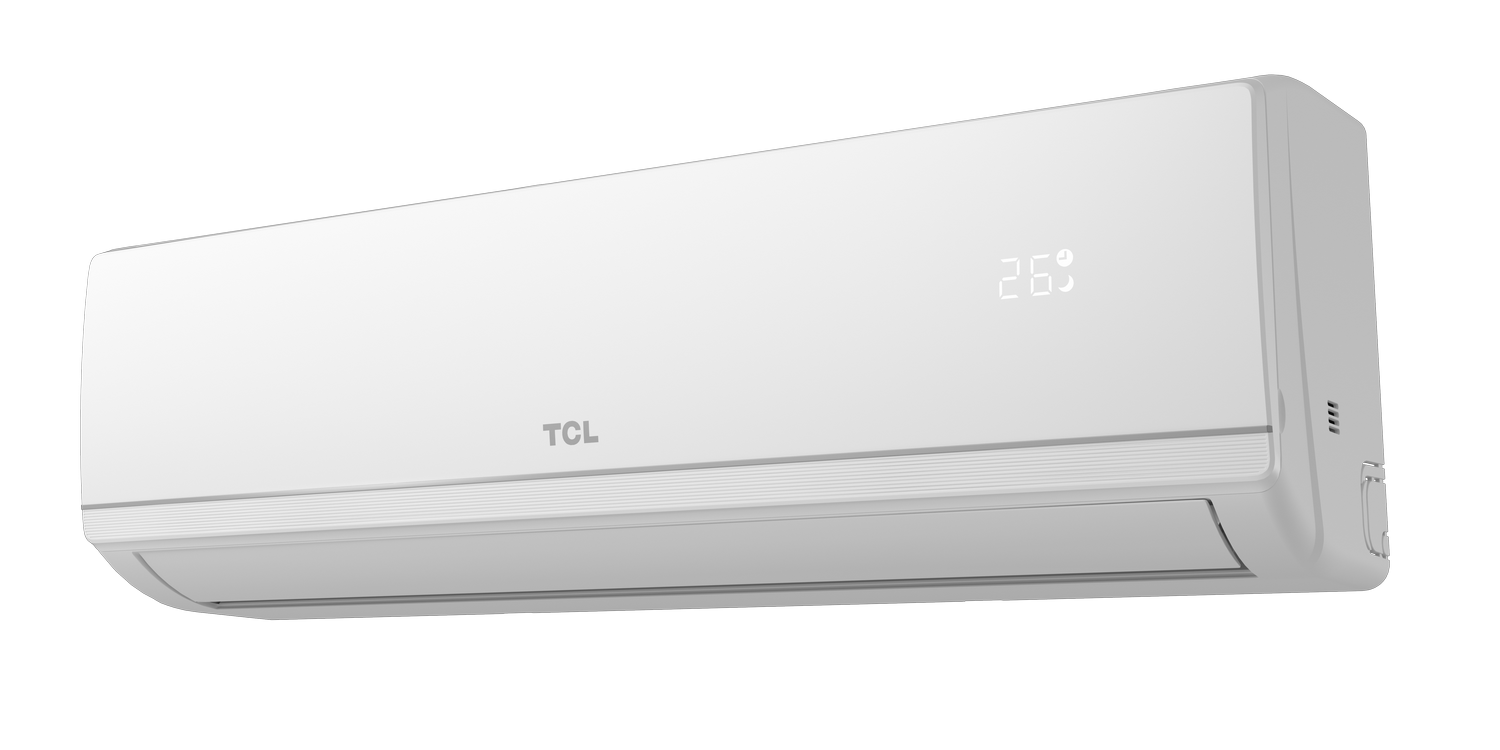 Un acondicionador de aire TCL blanco, que muestra 26,5 en la pantalla.