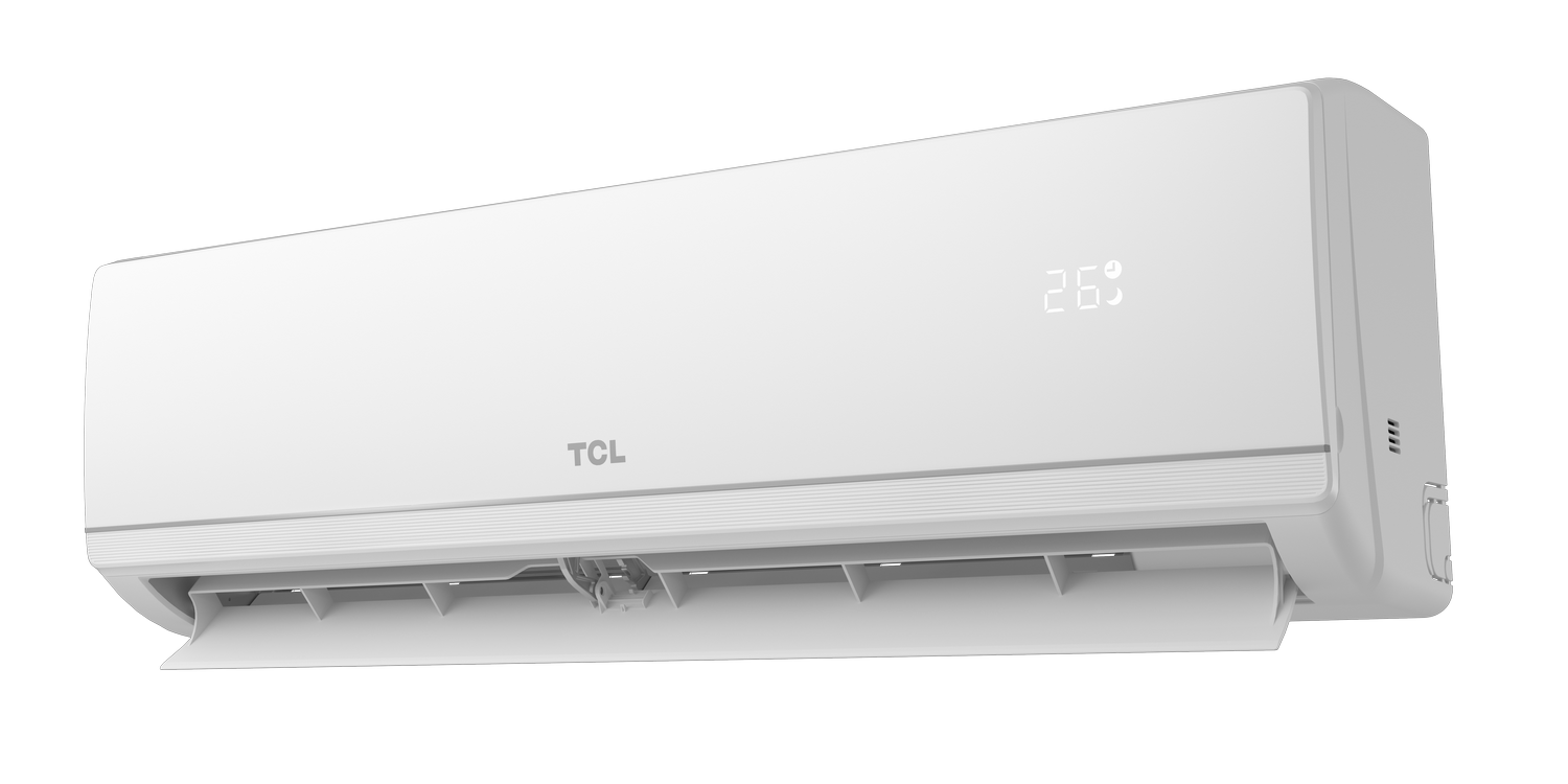 Aire acondicionado TCL blanco. Tiene una pantalla digital que muestra 26,5. La unidad es blanquecina.