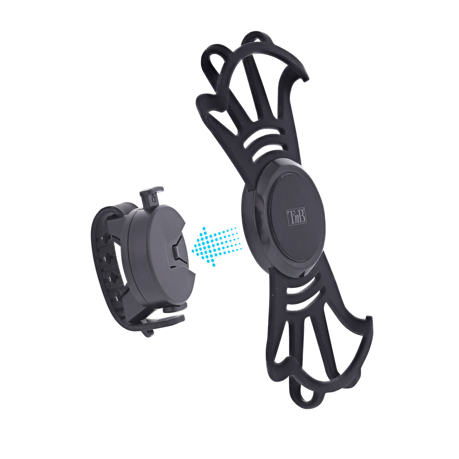 Black phone mount with a bracket and a clip, and a blue arrow pointing to the clip.