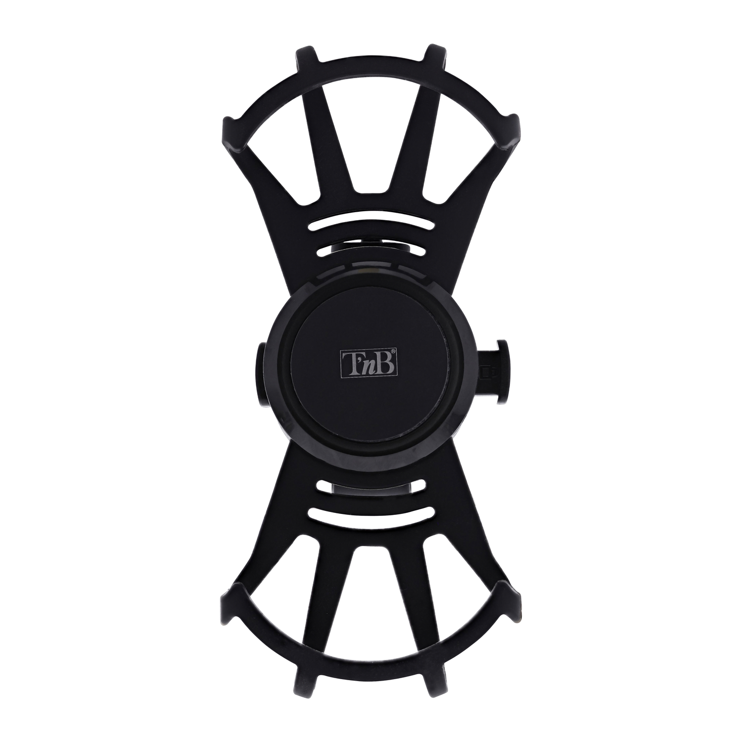 A black phone mount for a car, with a circular base that has the brand name 'TnB' on it.