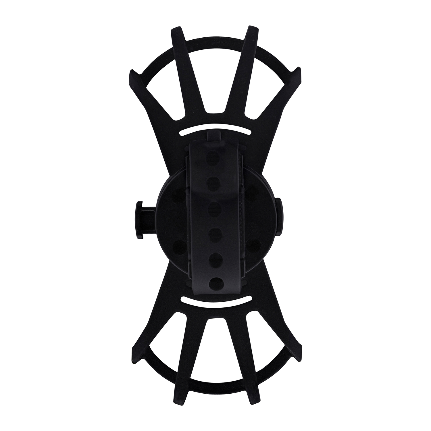 Black phone holder with a fan-like design and a central clip.