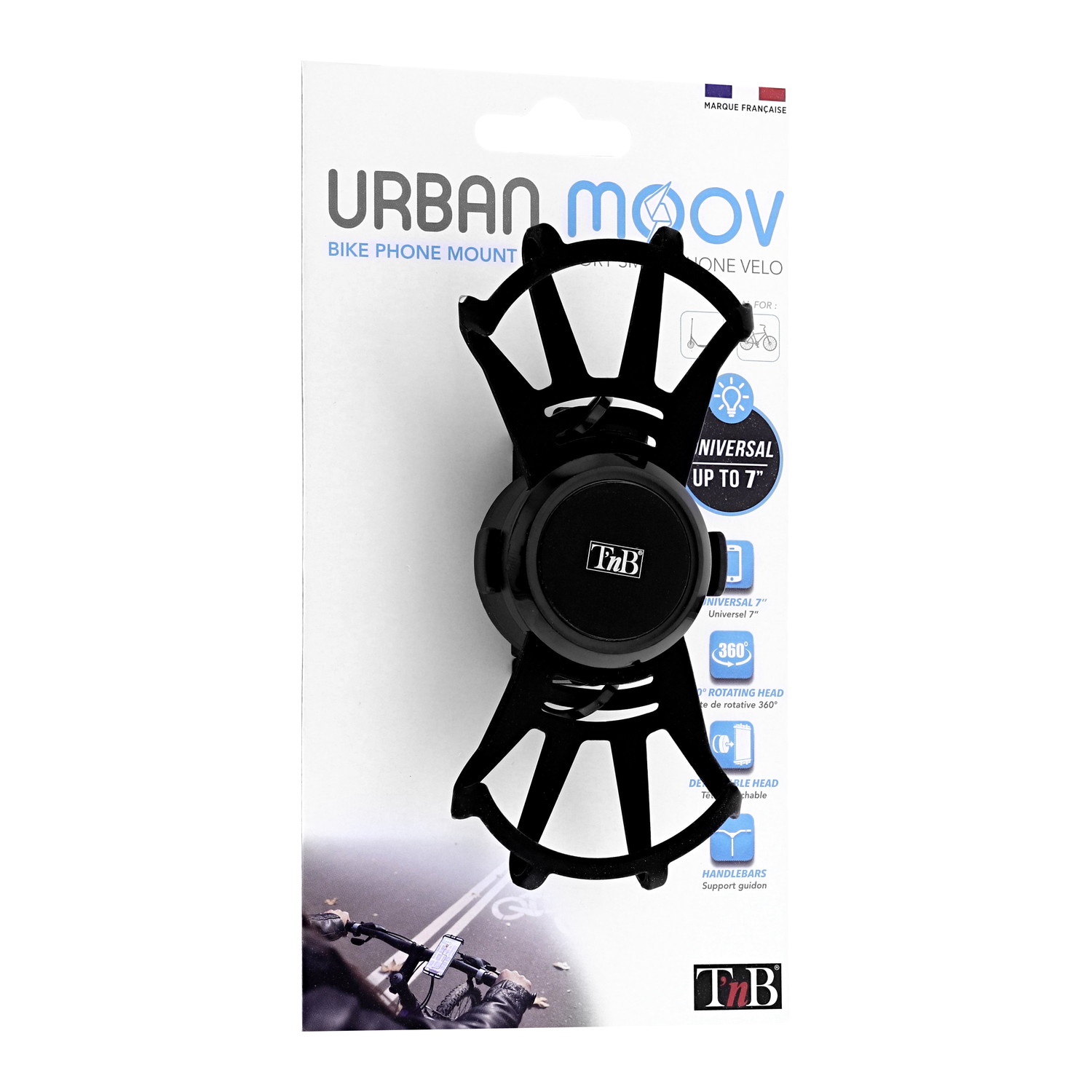 Black bike phone mount on a white and grey card with a bicycle in the background.