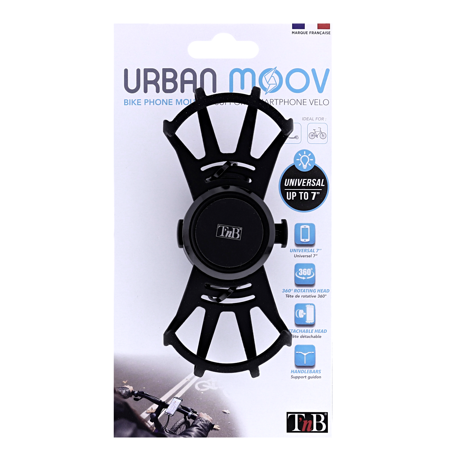 Black bike phone mount with text, ideal for up to 7" phones. Universal design.