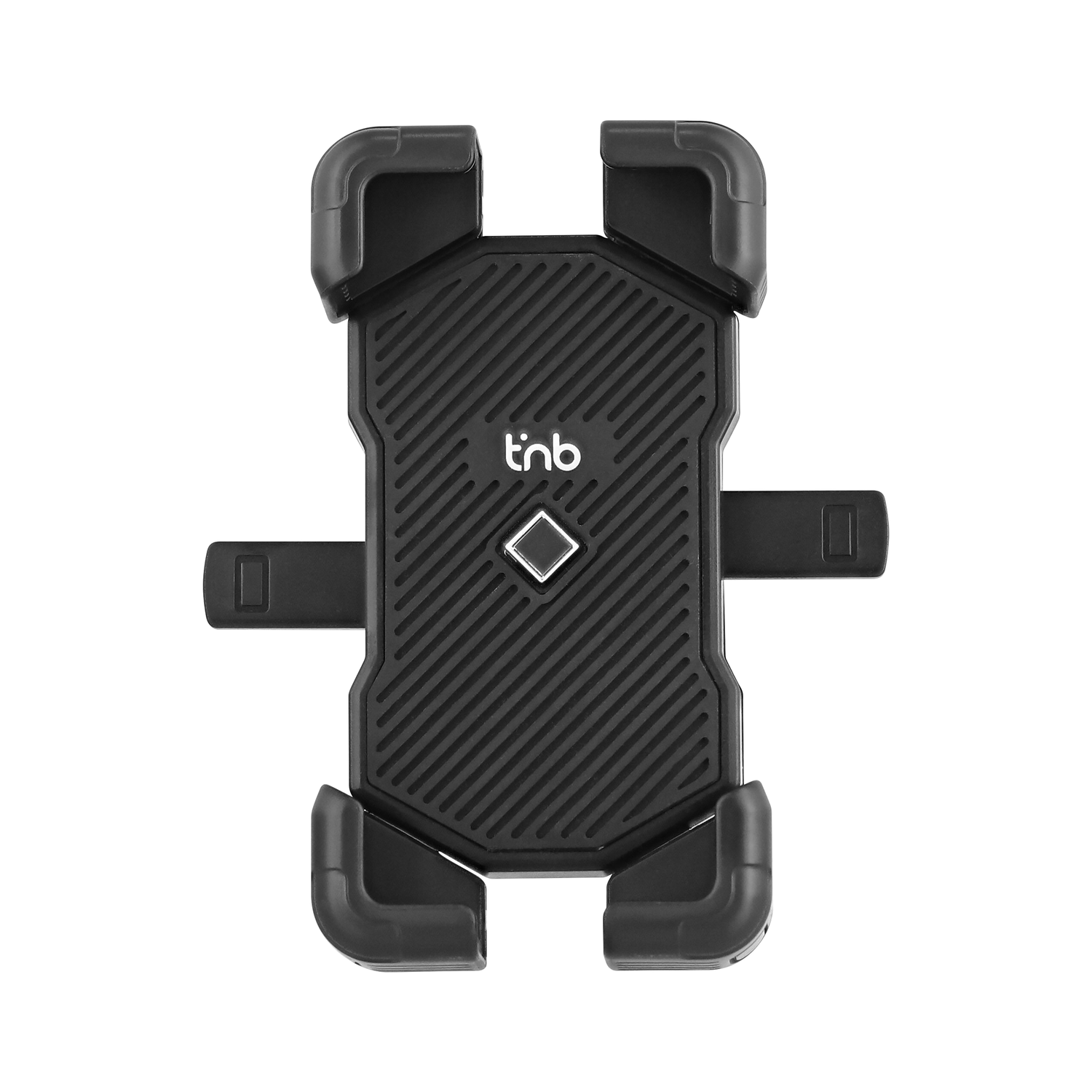 Black phone holder for a bicycle with ribbed design and rotating mechanism.