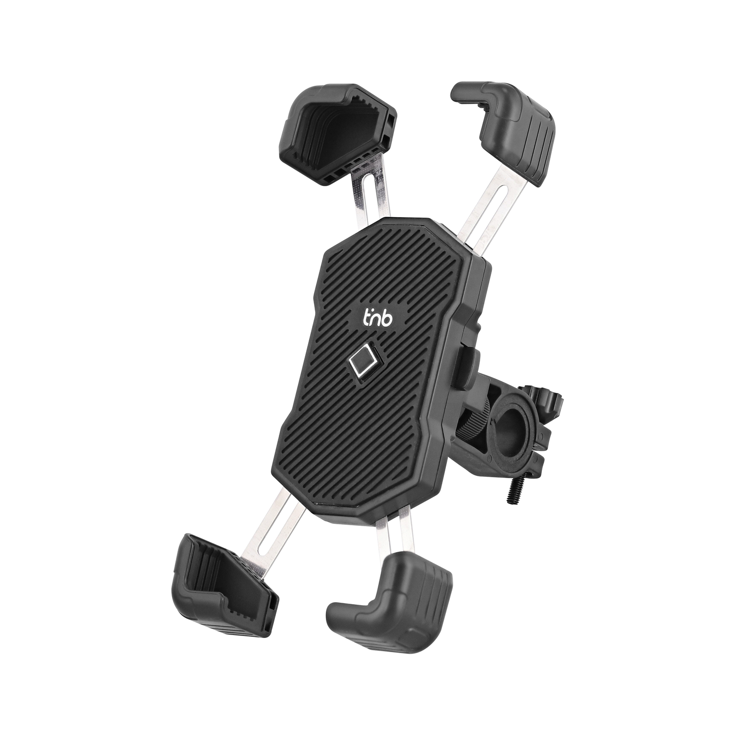 Black phone holder for a bicycle. It has adjustable arms and is mounted on the handlebars.