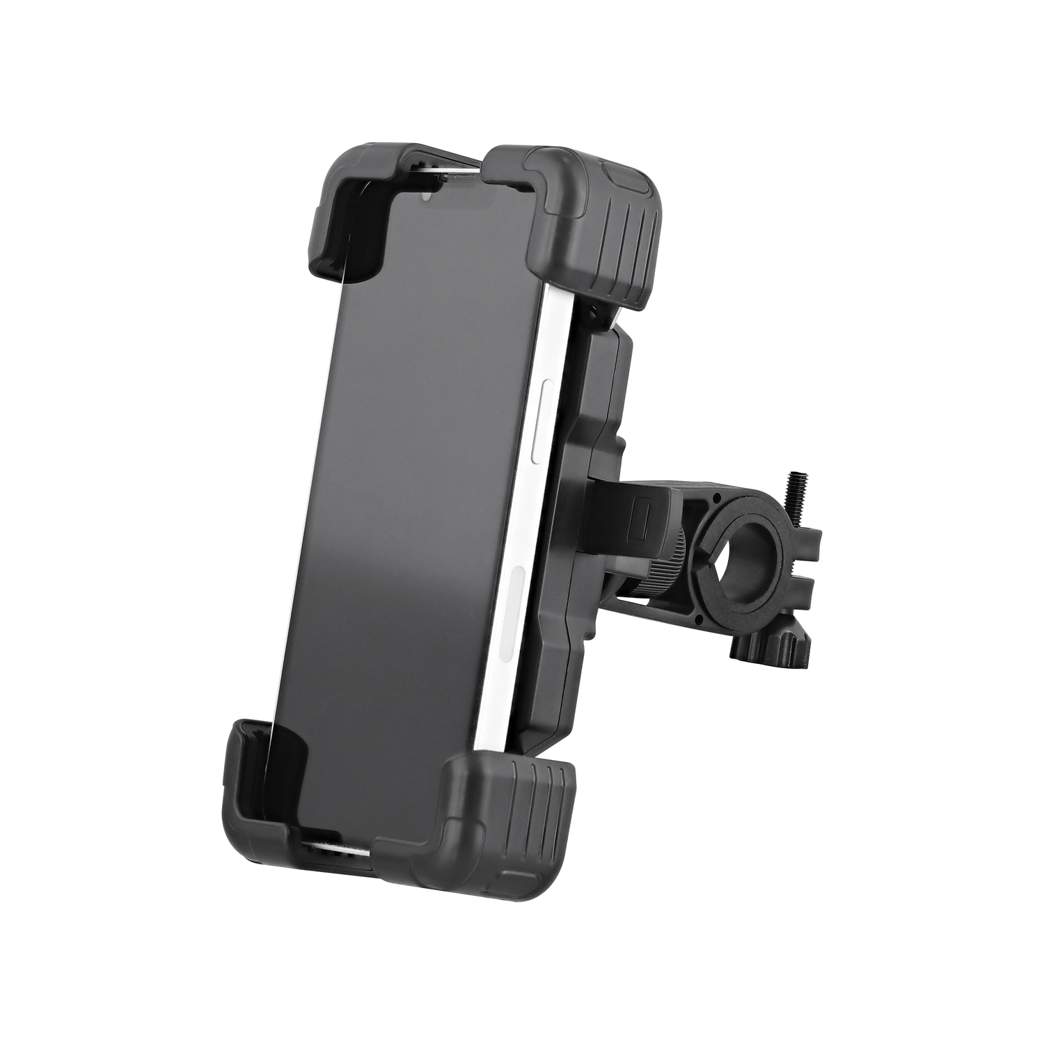 Black phone on a bike mount. Phone is centered, mount is on the right. White background.