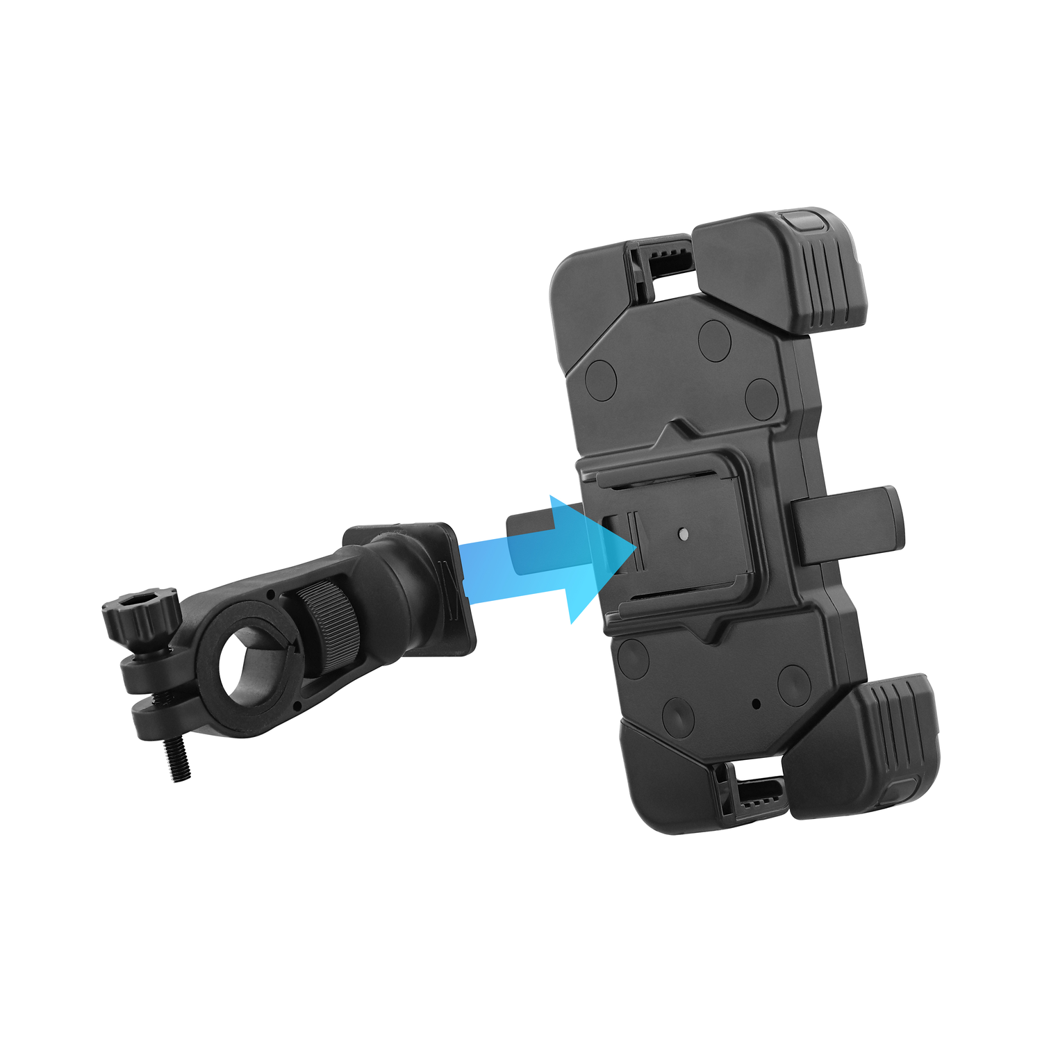 Bike phone mount, black, with adjustable arm and blue arrow.