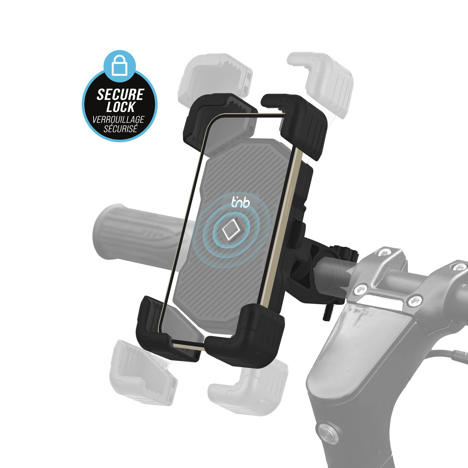 Black phone holder mounted on a scooter handlebar, with a phone in it.