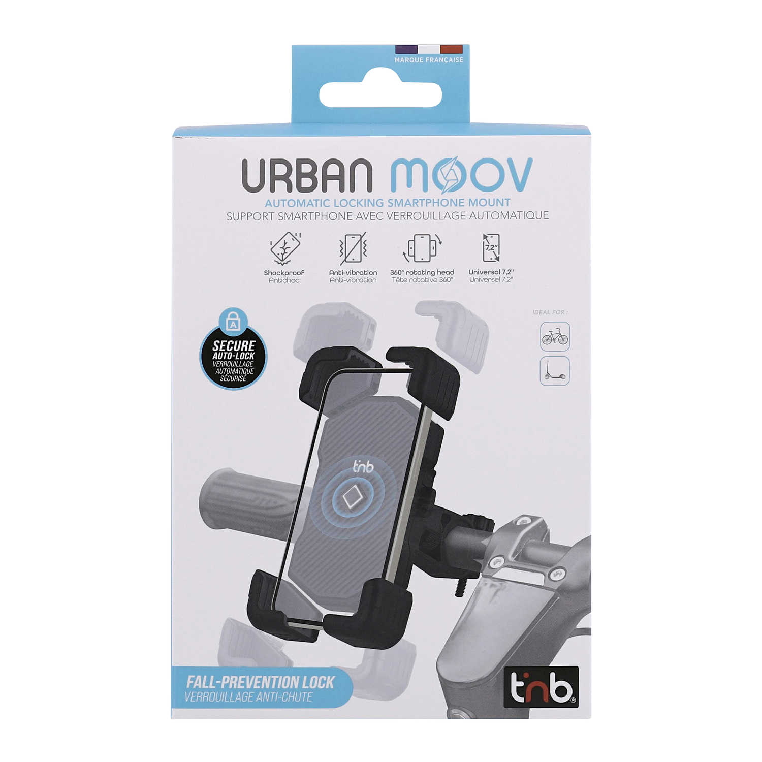 Smartphone mount, black, in packaging. Text: 'URBAN moov'.