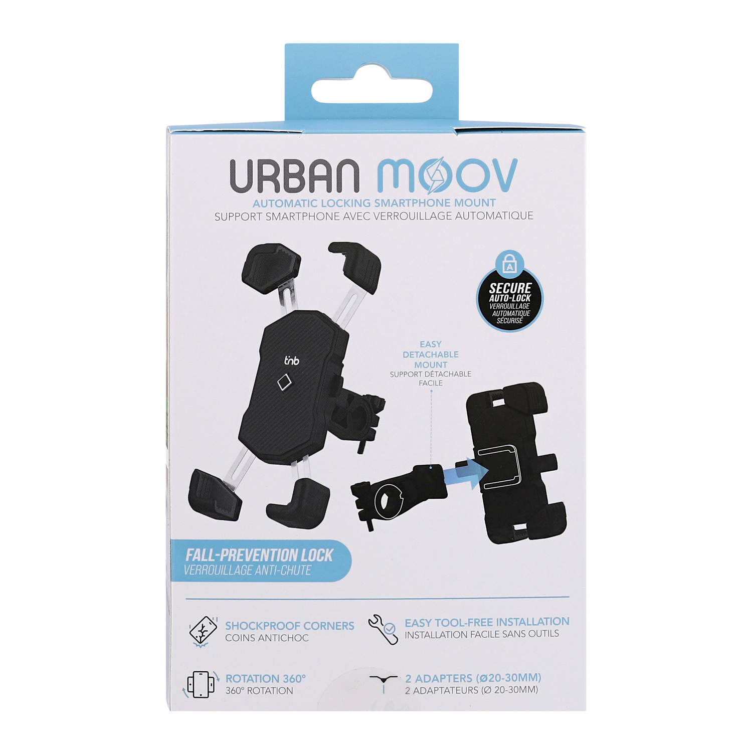Boxed smartphone mount with product details and diagrams against a white background.