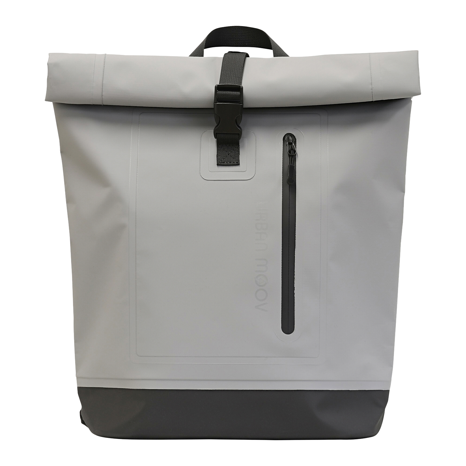 Sac à dos gris à enroulement avec des accents noirs. Fermeture à boucle, poche zippée et marque URBAN MOOV.