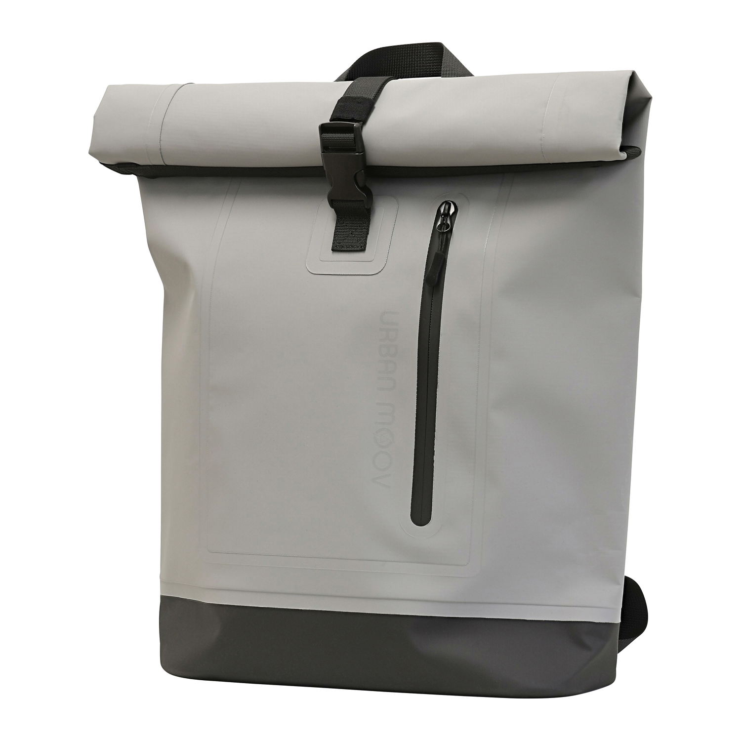 Sac à dos gris à rabat roulé avec fermeture éclair et sangle noires, sur fond blanc.