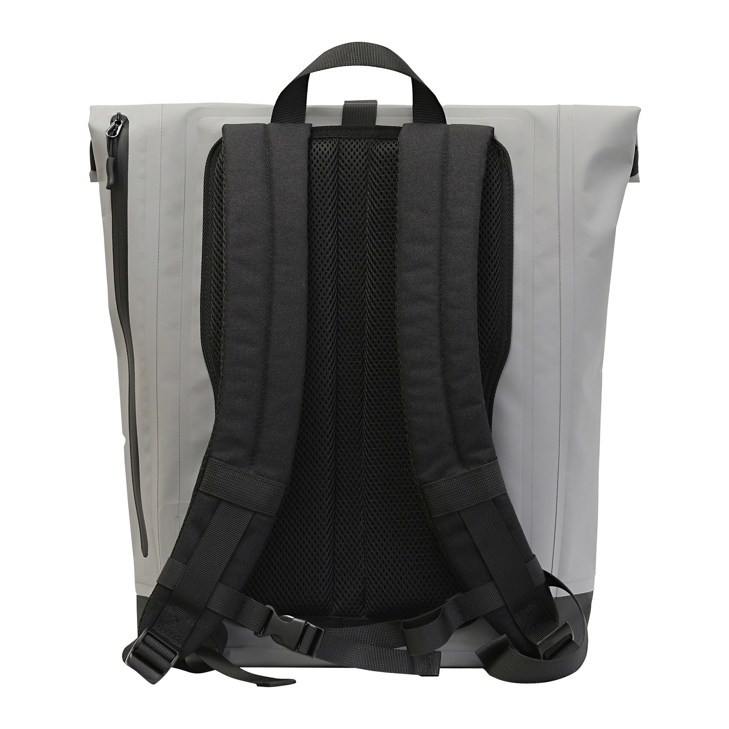 Sac à dos gris avec sangles noires et mesh au dos, sur fond blanc.