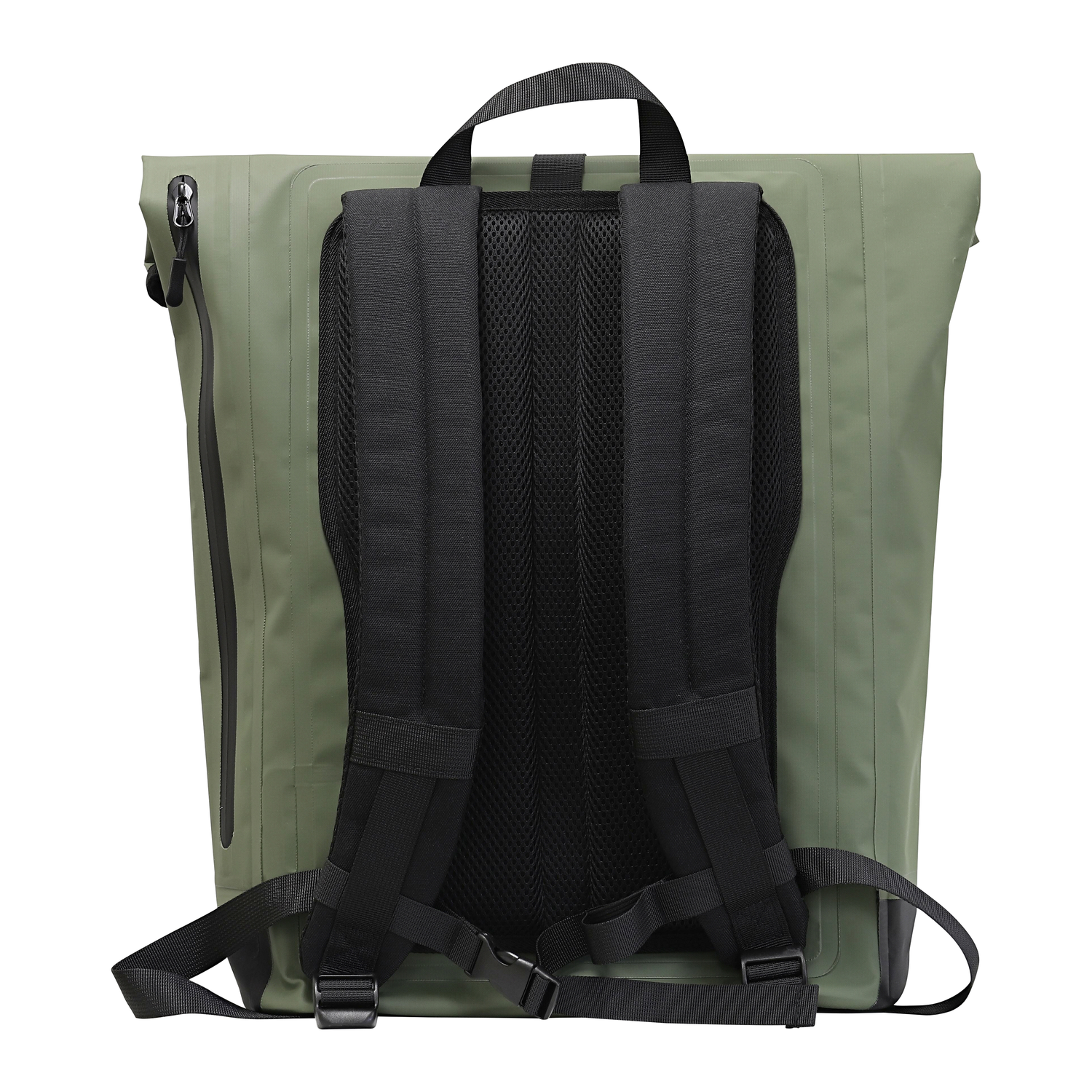 Sac à dos, vert, avec des sangles noires et un dos en filet, isolé.