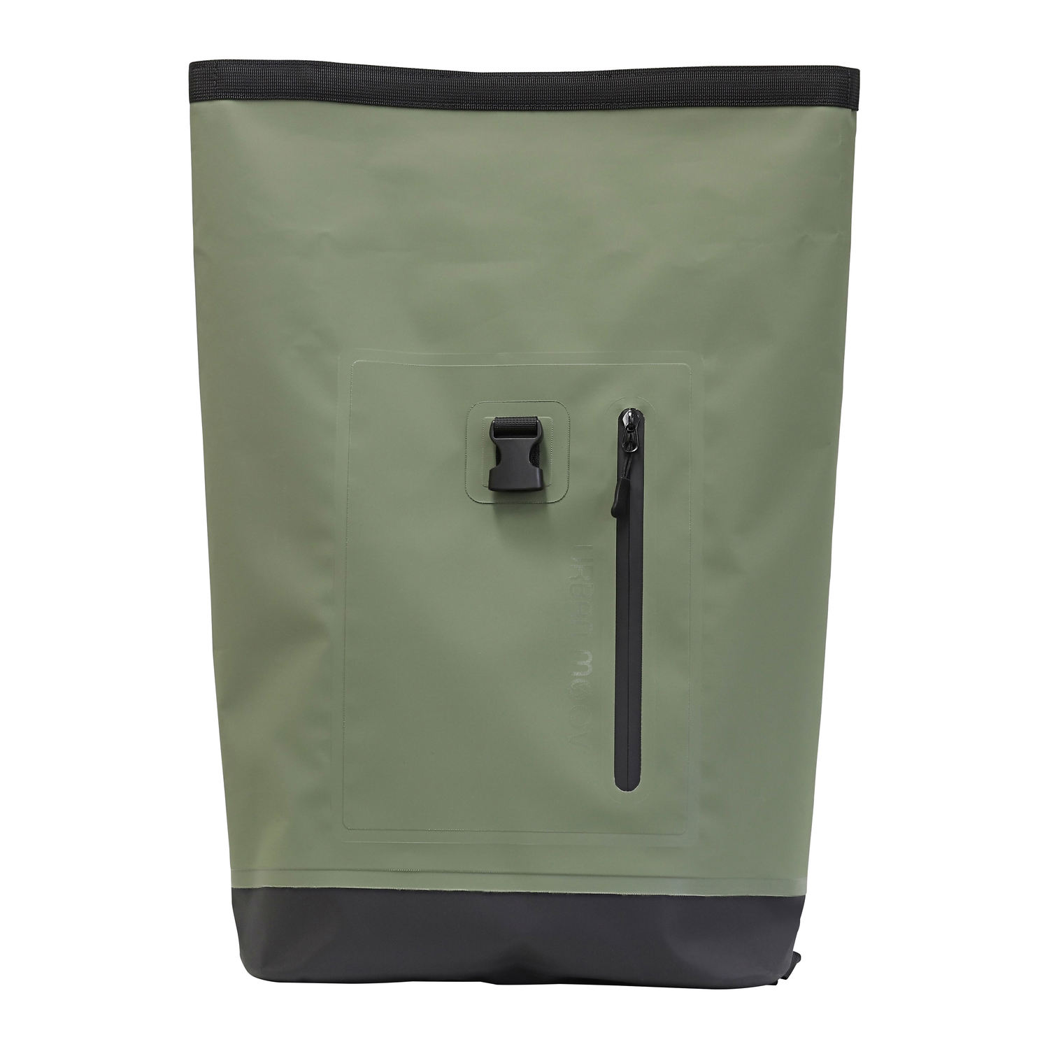 Un sac étanche vert avec une poche zippée noire et une fermeture à boucle, sur fond blanc.