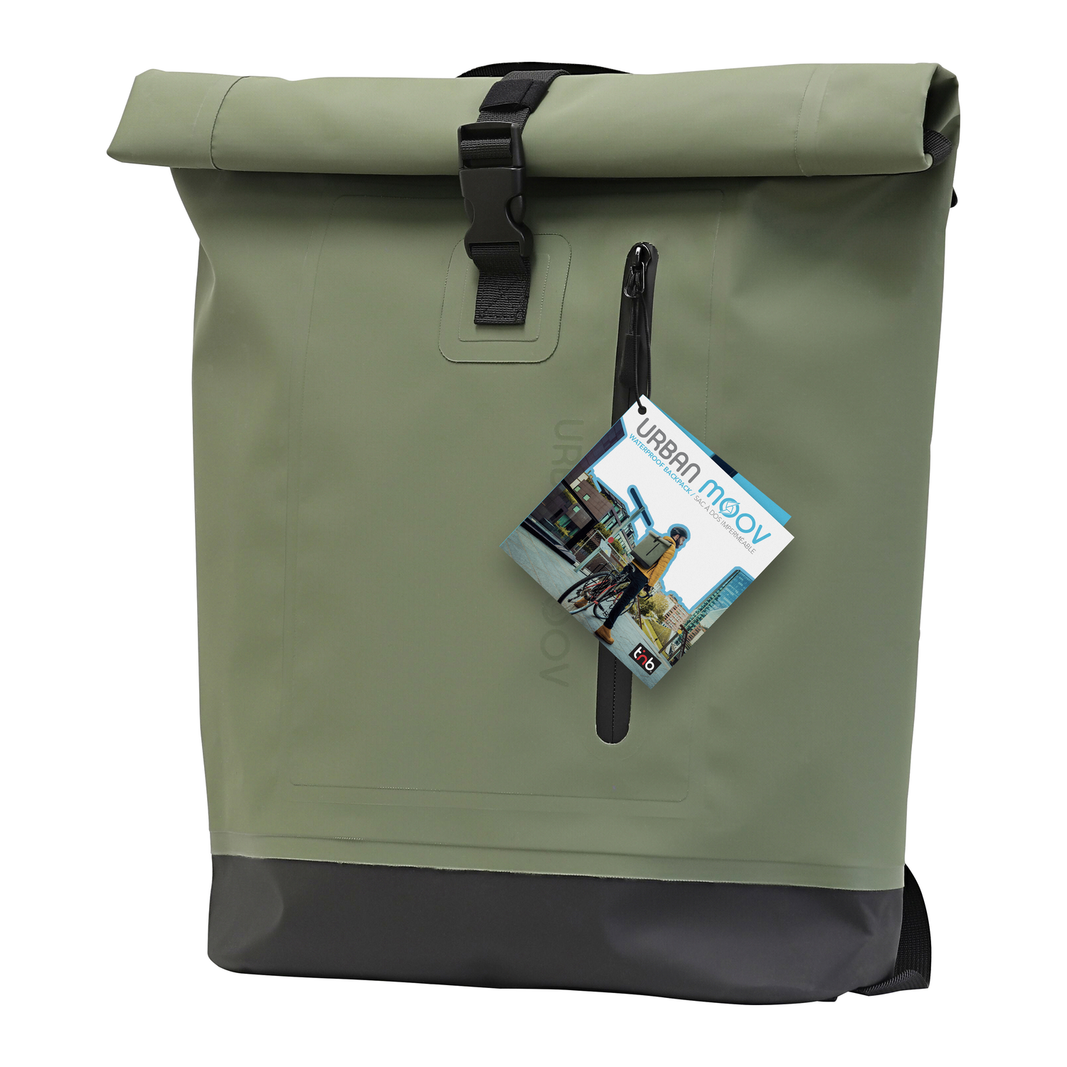 Un sac à dos imperméable vert et noir avec une étiquette et un logo partiellement visible.