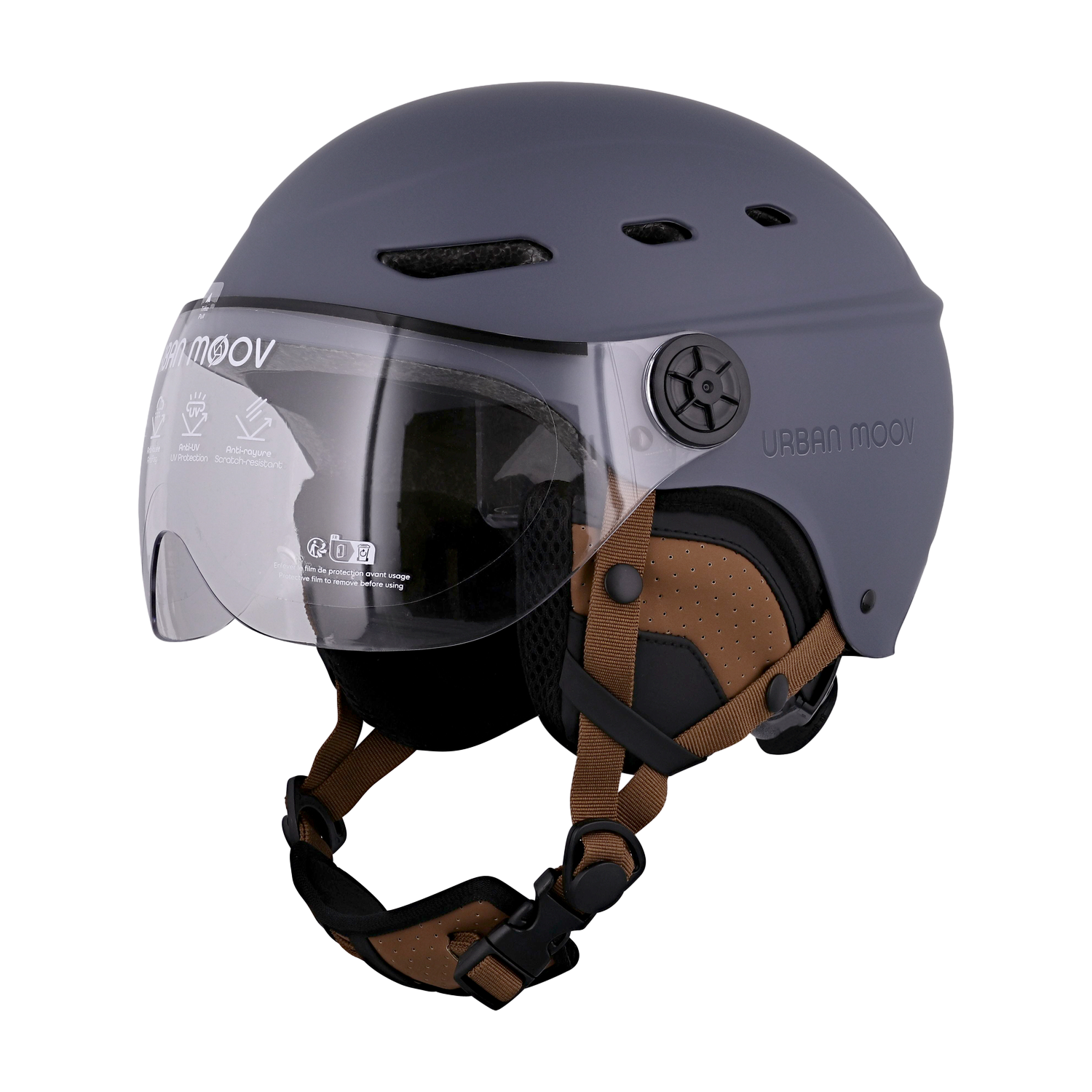 Grijze Urban Moov helm met een vizier.
