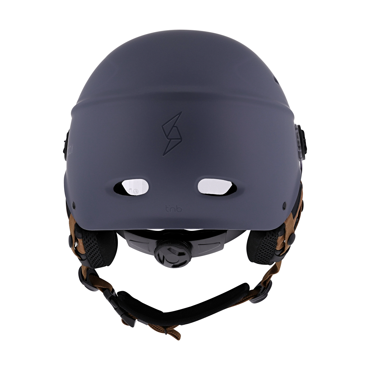 Een blauwe helm met een logo en bruine bandjes.