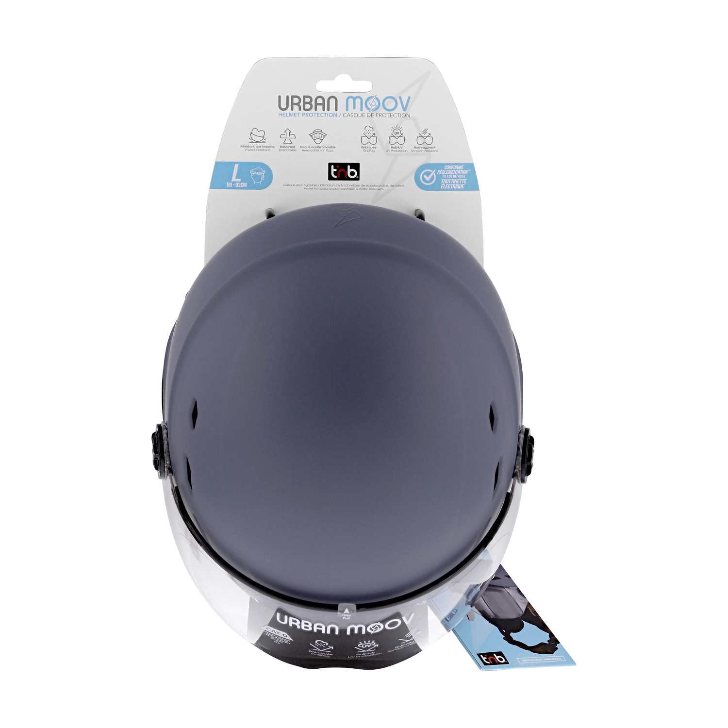Een bovenaanzicht van een donkergrijze Urban Moov helm met vizier, op een witte kaart.