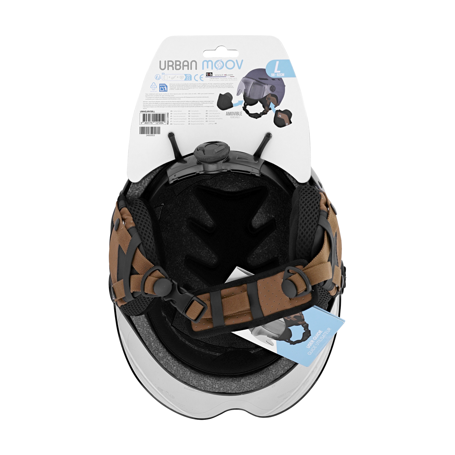 Een witte helm met bruine riemen en een label.