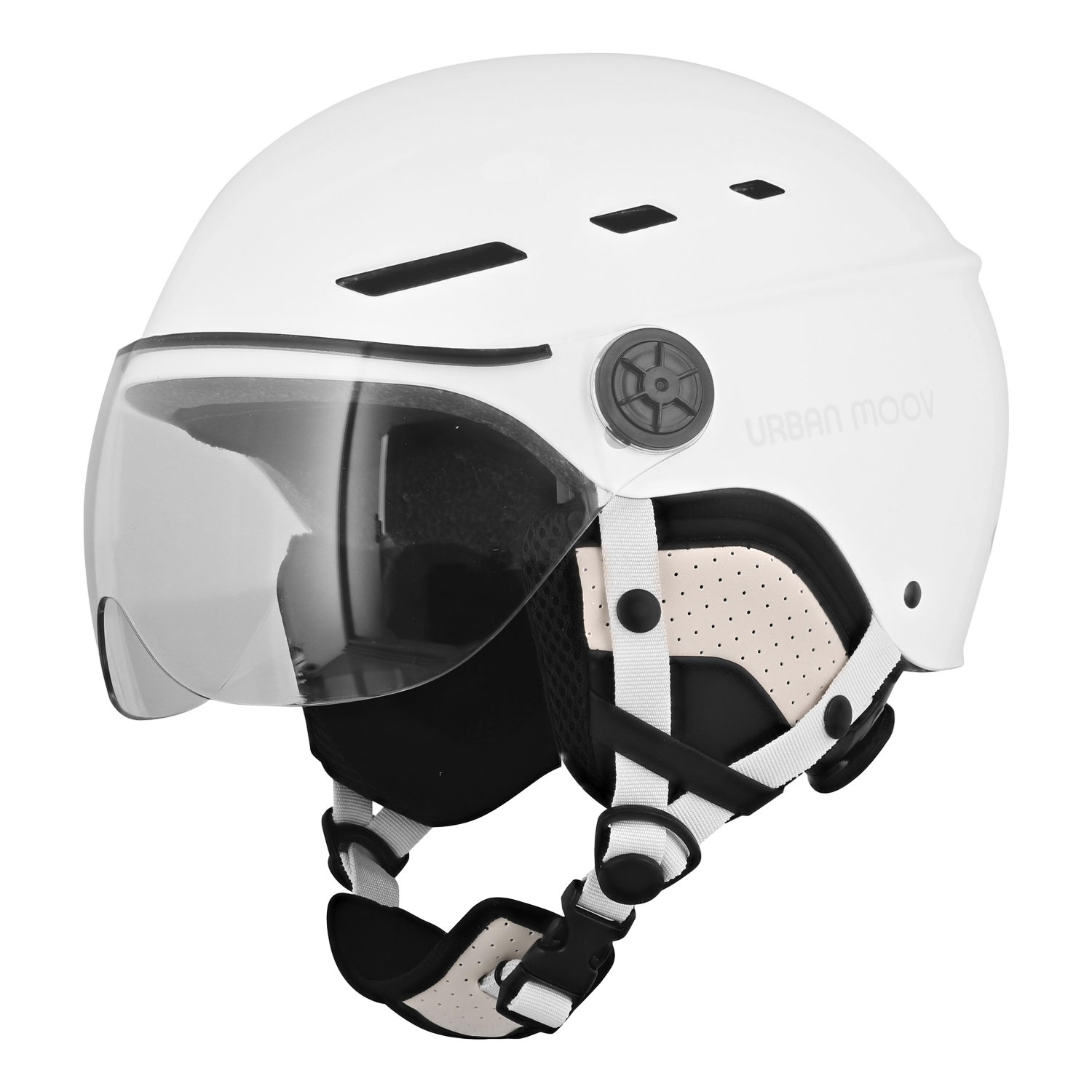 Een witte Urban Moov helm met een helder vizier. Het heeft zwarte accenten en een Urban Moov logo.