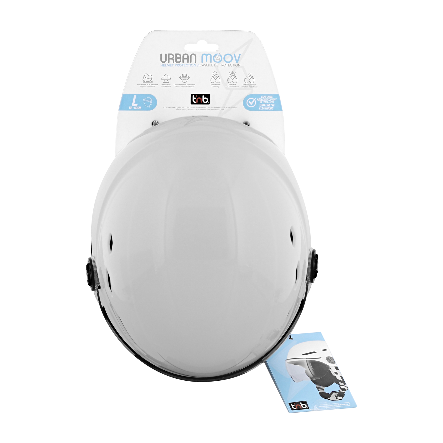 Witte helm met zwart vizier en een productlabel.