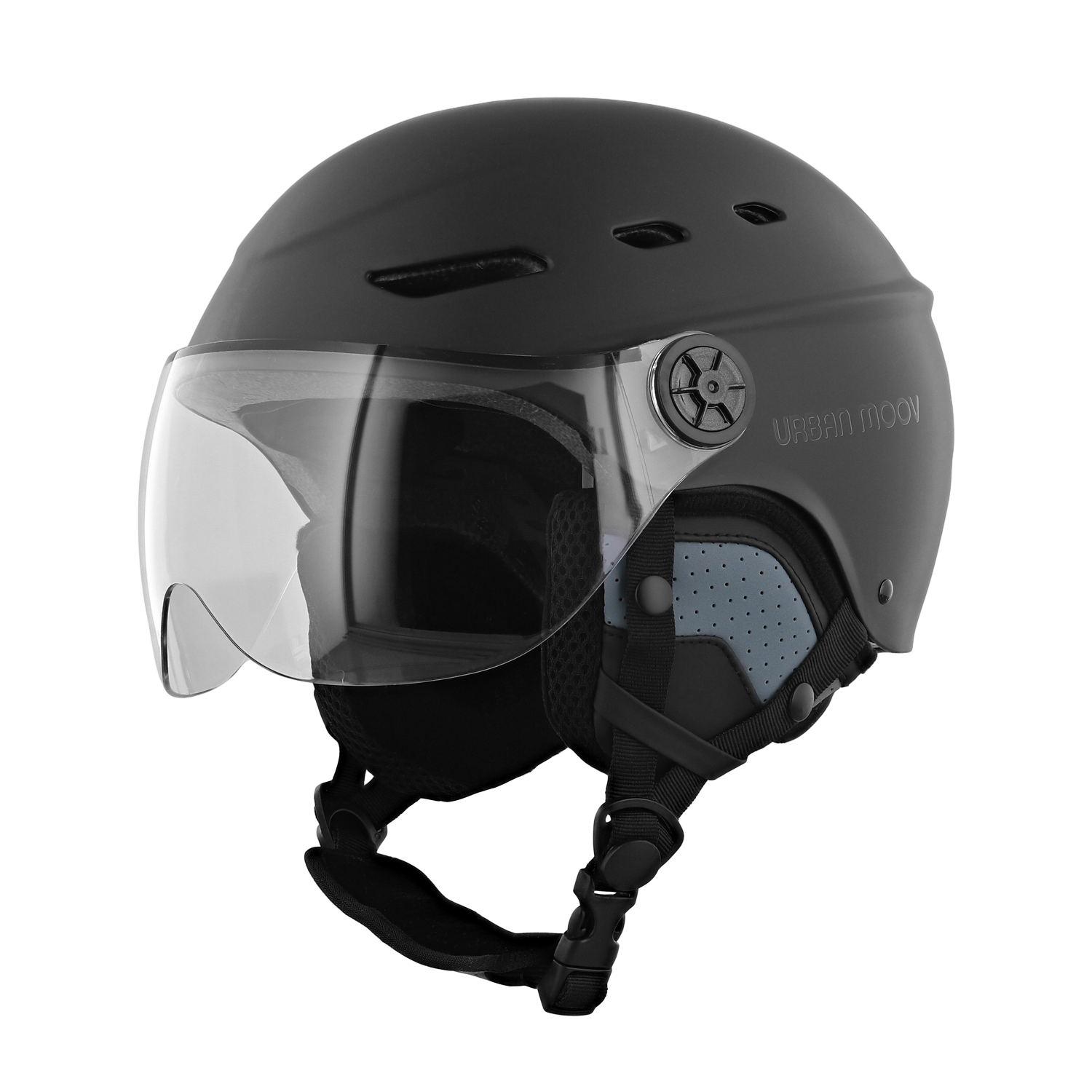 Zwarte urban moov helm met vizier en een gesp.