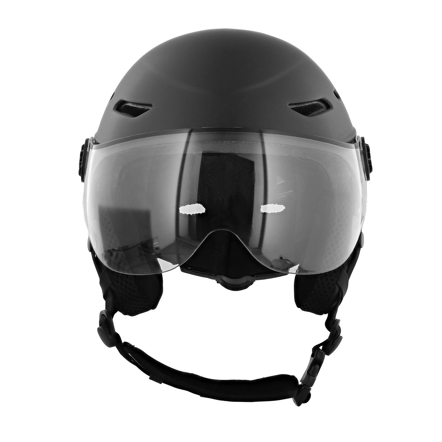 Zwarte skihelm met een helder vizier, vooraanzicht, op een witte achtergrond.