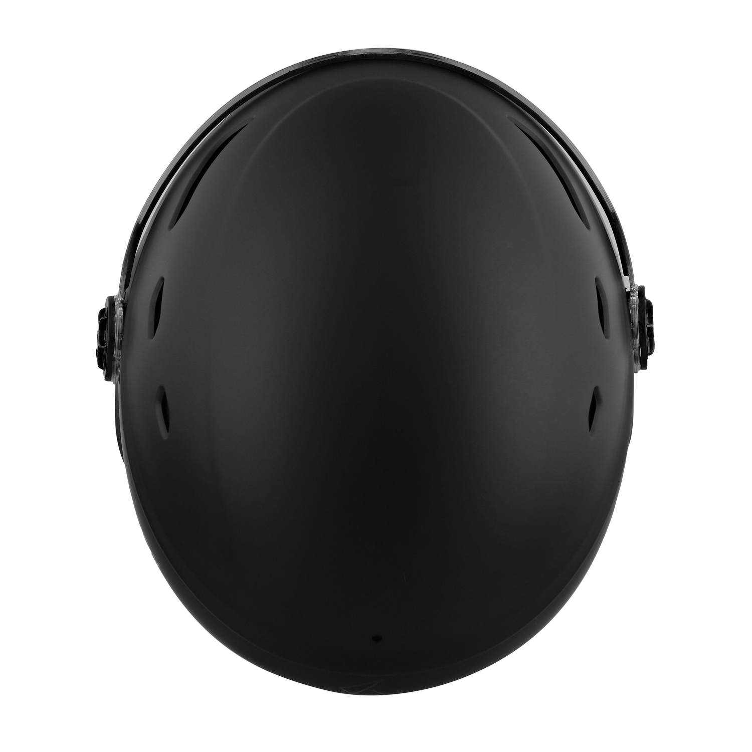 Zwarte helm met vizier op een witte achtergrond. De helm is glad en afgerond.