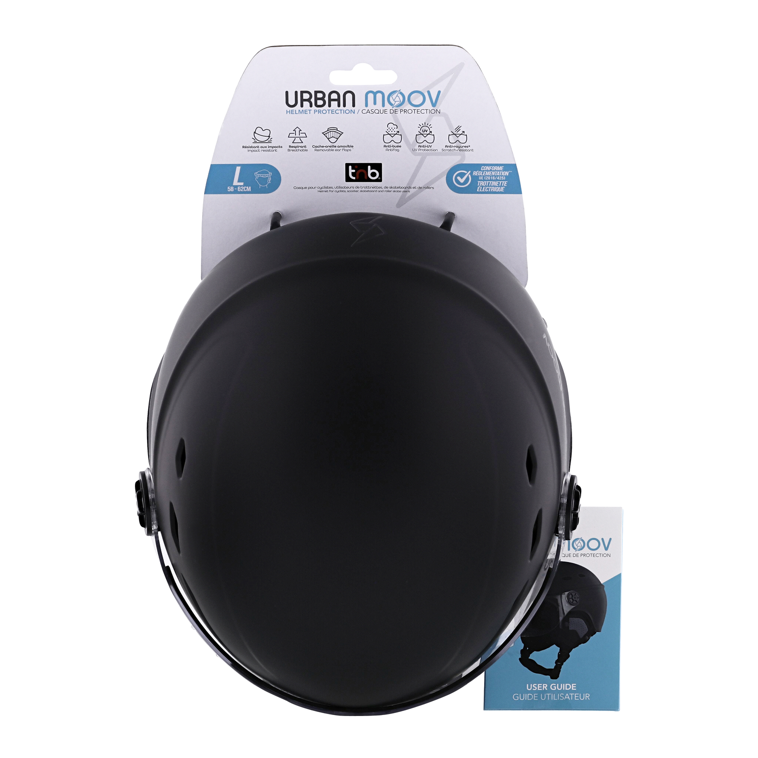 Zwarte helm met vizier en een gebruikershandleiding. Witte achtergrond.