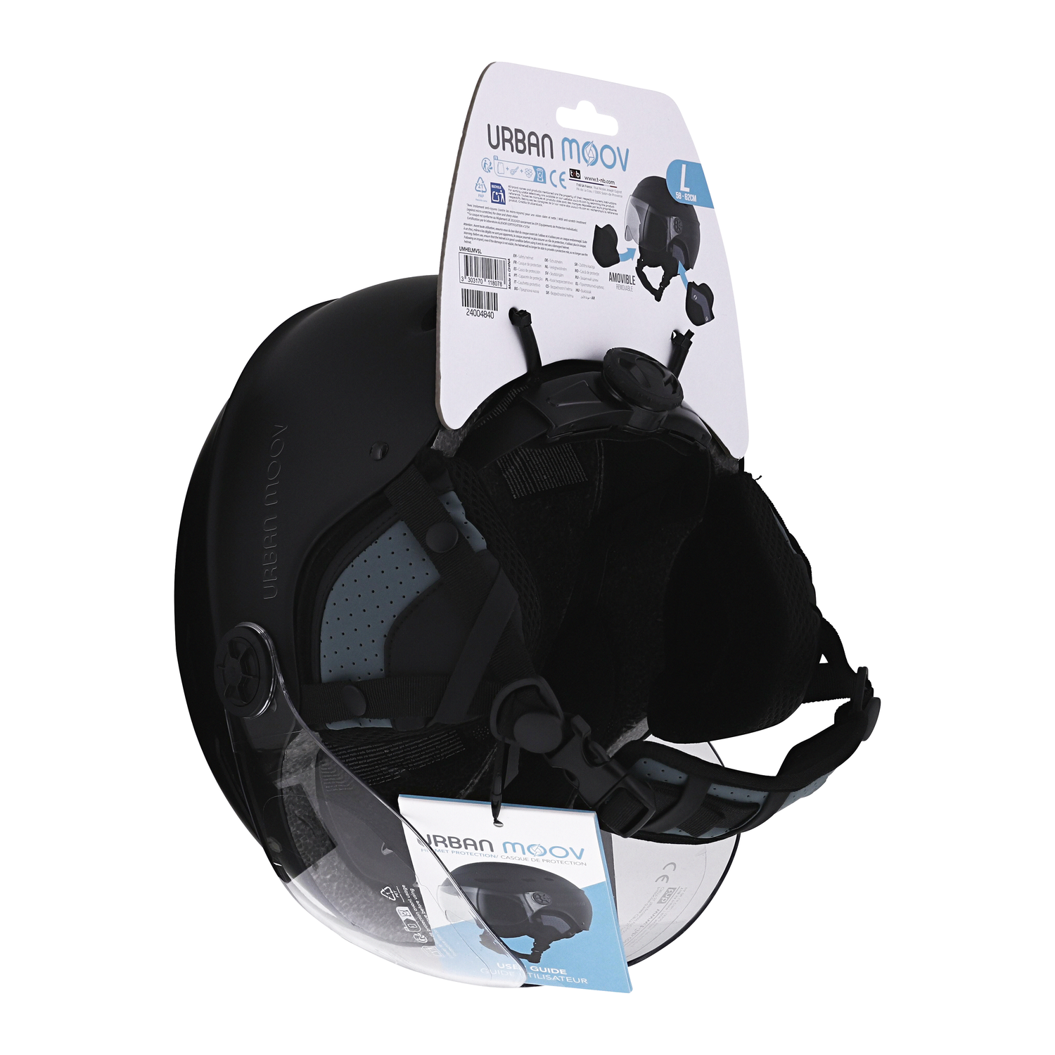Zwarte helm met vizier en label.