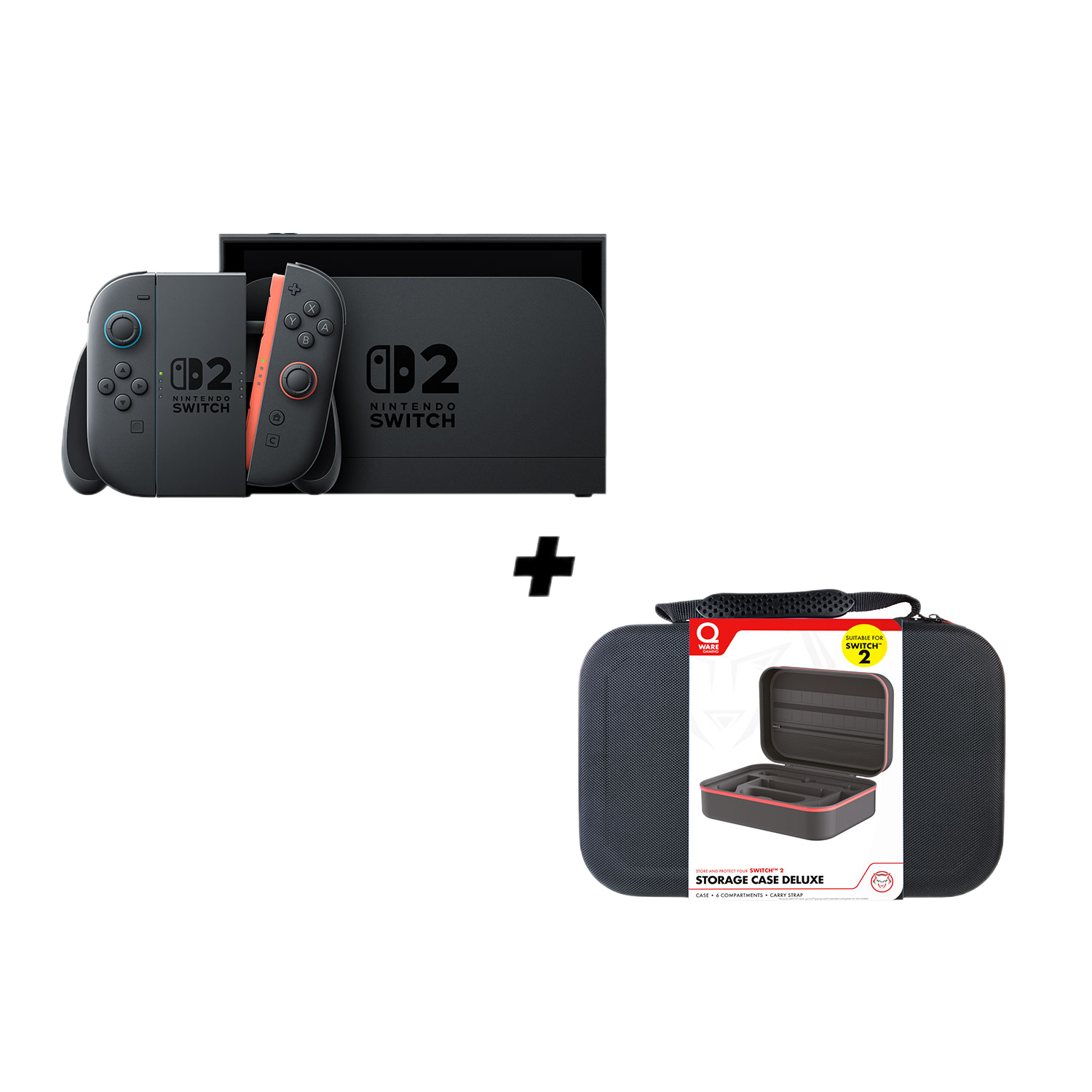 Console Nintendo Switch avec Joy-Cons et un étui de rangement, le tout sur fond blanc.
