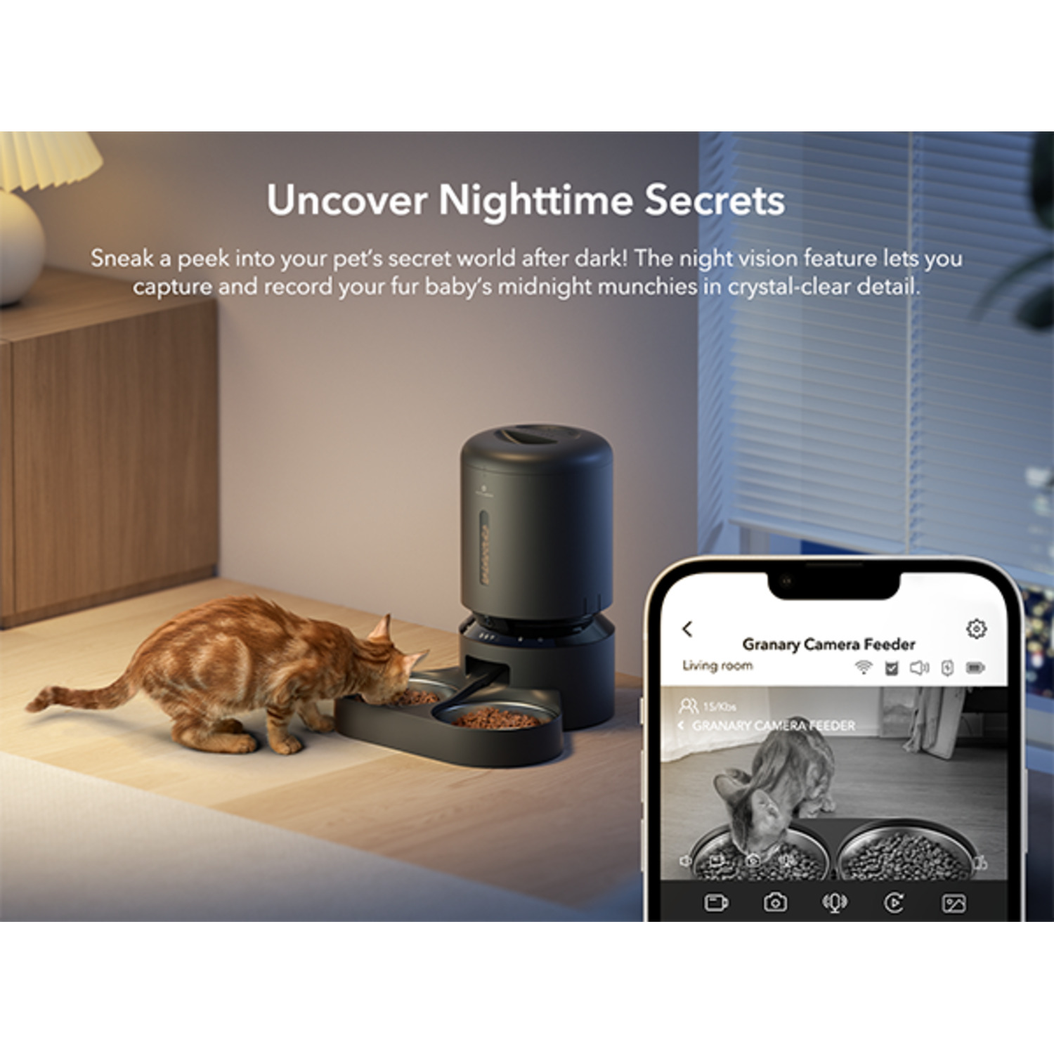 A cat eats food from a feeder with a phone displaying the feeder's view in the background.