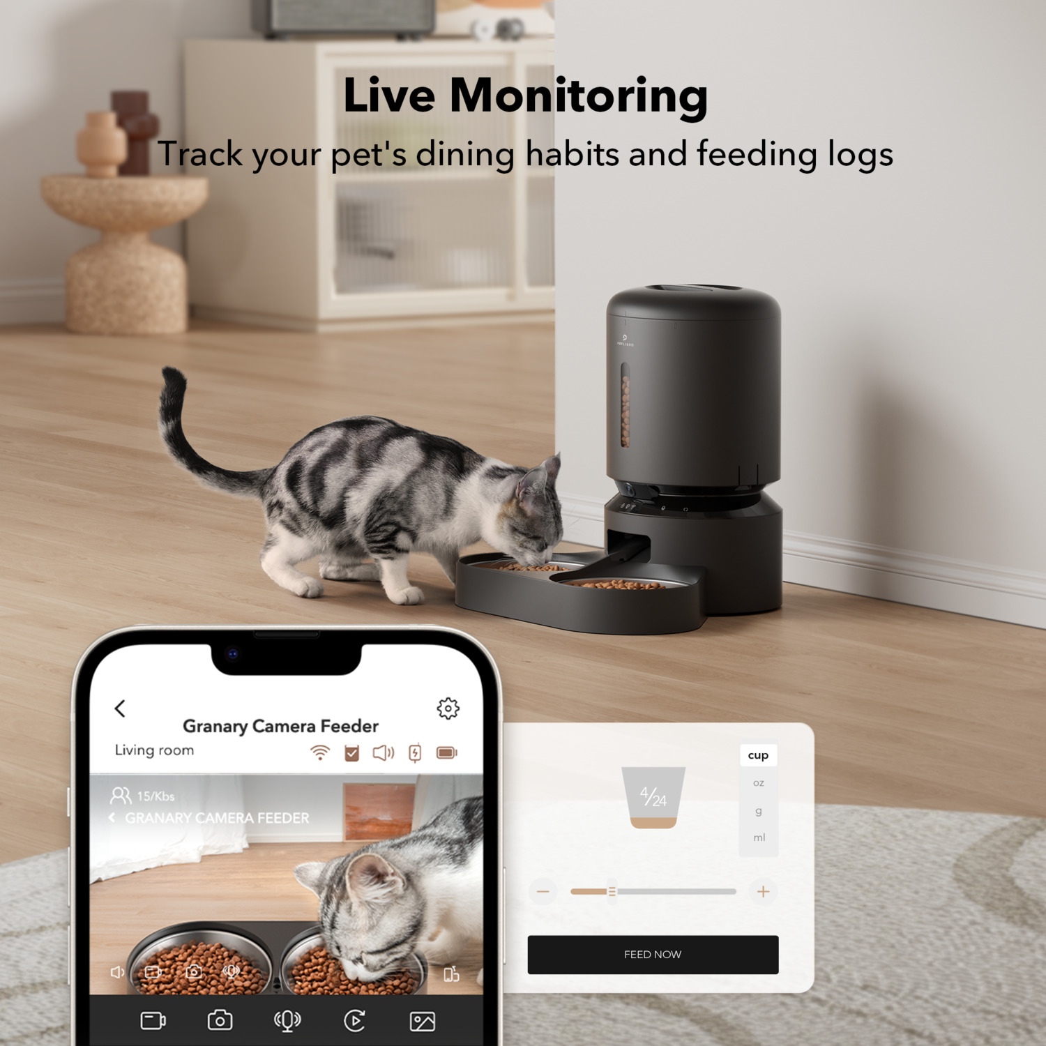 A cat eating from a smart feeder. A phone shows the food level, and a dog bowl.