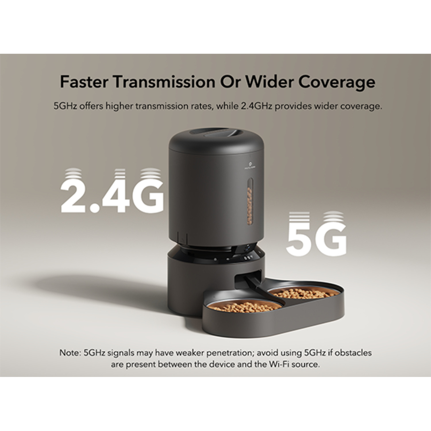 A black pet feeder with a food bowl. It has 2.4G and 5G symbols, and text about Wi-Fi.