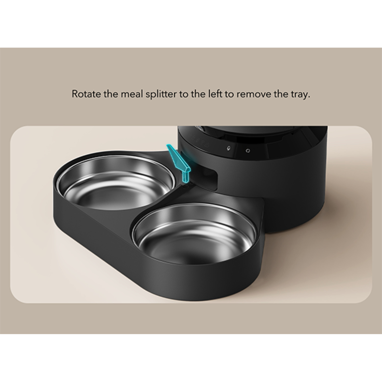 A black pet food dispenser with two bowls, with instructions to remove the tray.