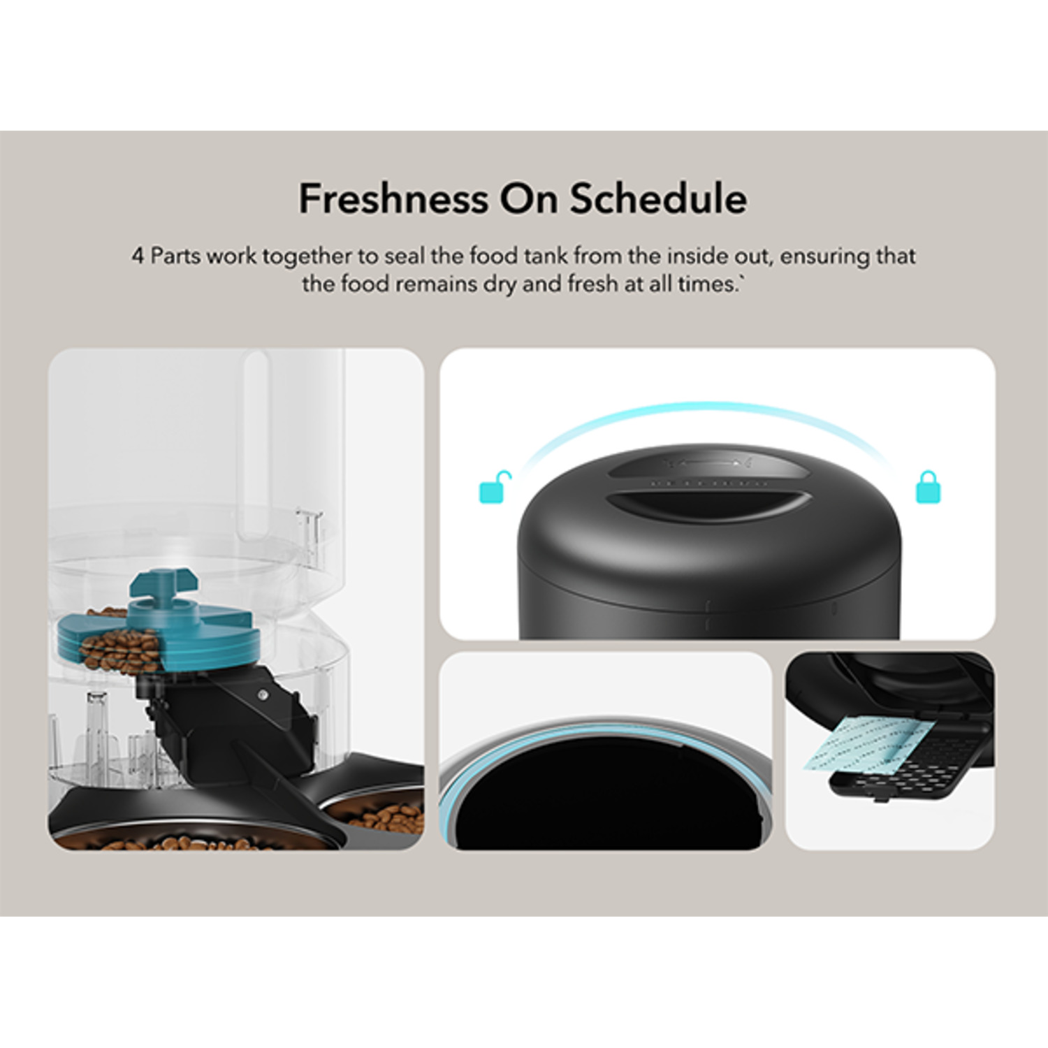 Image shows a pet food dispenser. It has a transparent container and a black base. Four parts work to seal food.