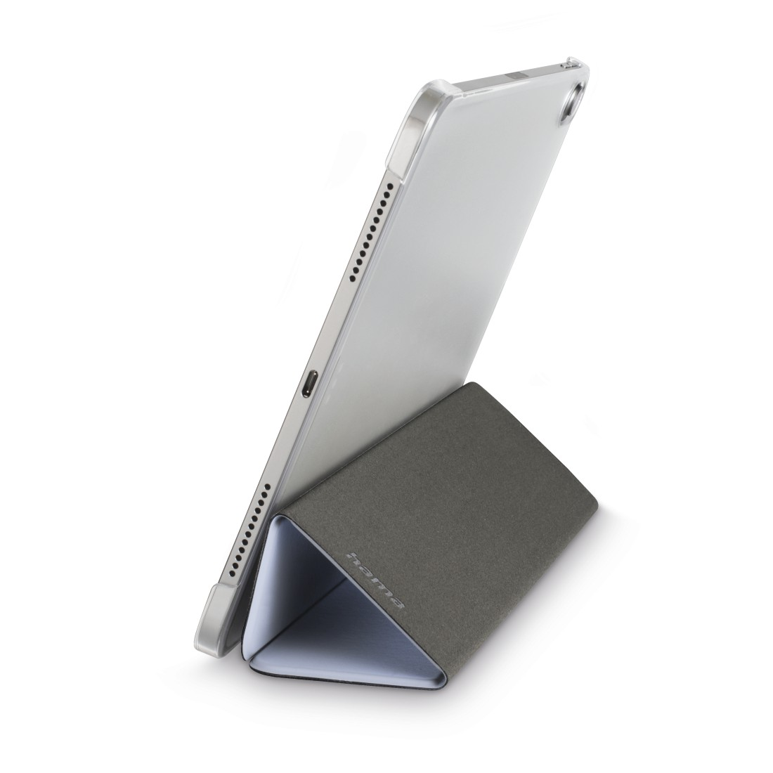 Tablet in grauem Gehäuse, in einem Winkel aufgestellt, auf weißem Hintergrund.