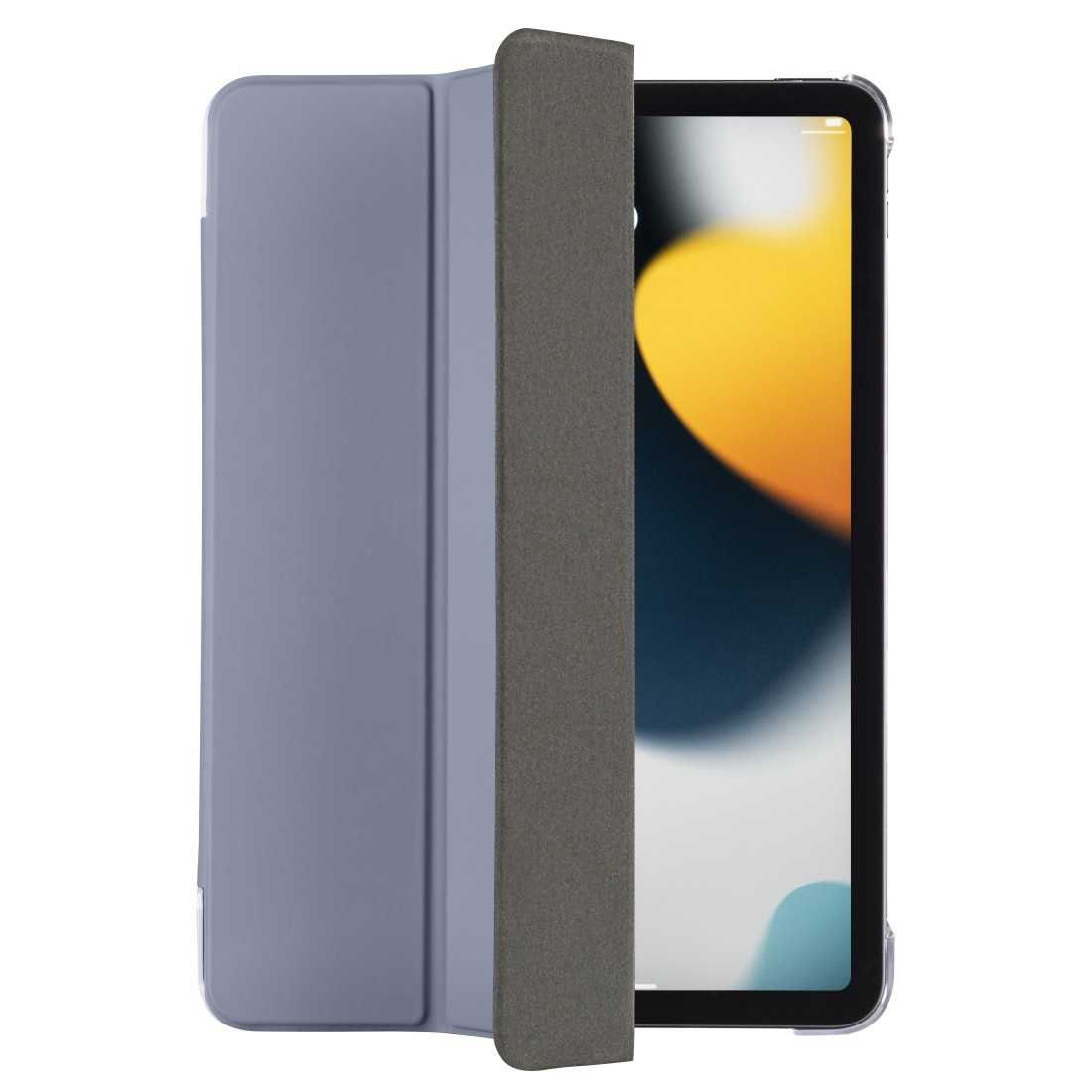 Eine blaue iPad-Hülle geöffnet, wodurch der iPad-Bildschirm sichtbar wird, mit einem grauen Cover.