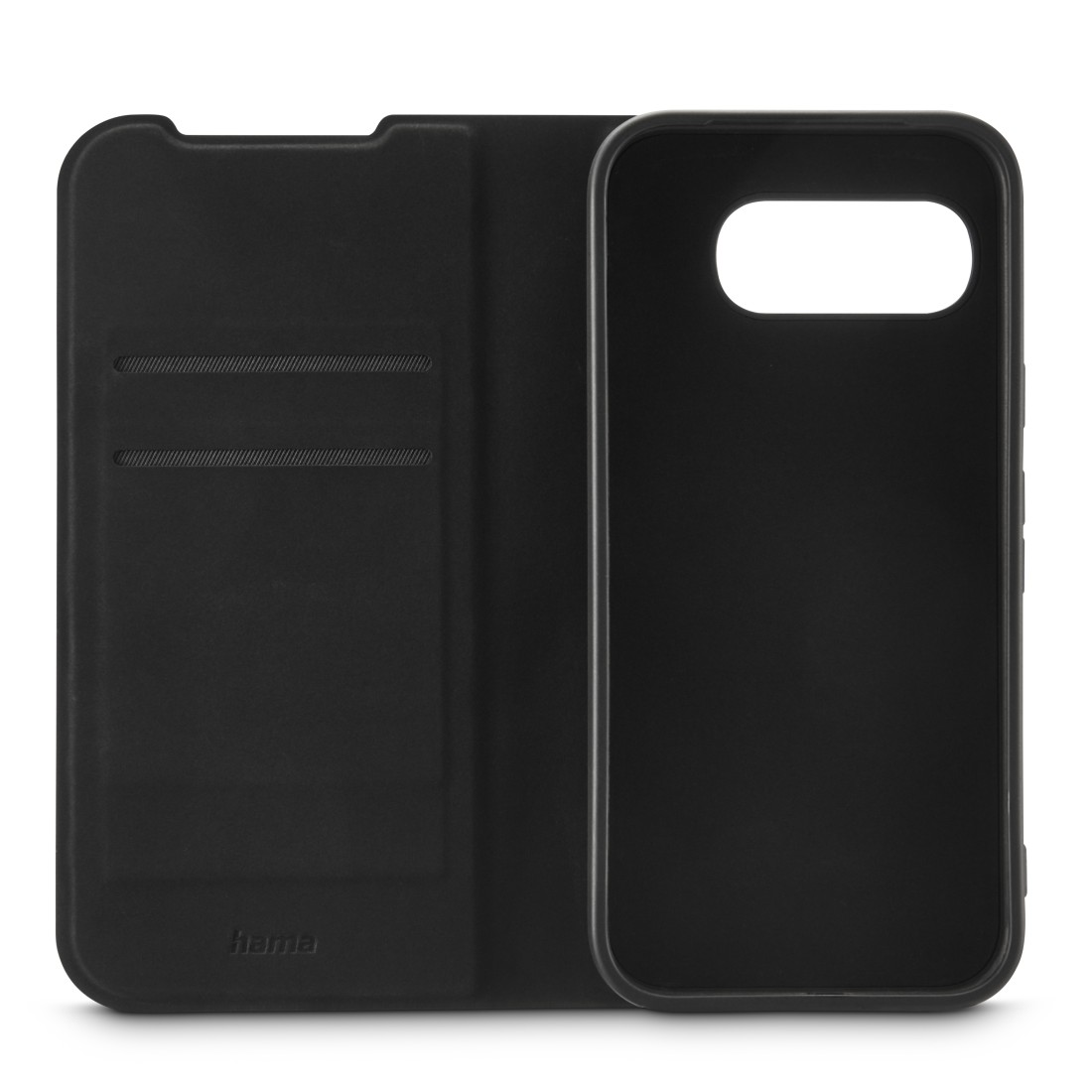 Geöffnete schwarze Handyhülle mit zwei Abschnitten. Links Kartenfächer, rechts ein Telefonausschnitt. 'hama' ist gedruckt.
