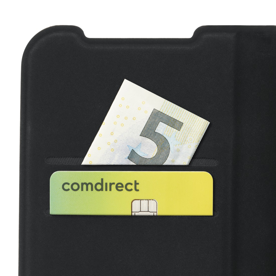 Eine schwarze Handyhülle enthält einen Fünf-Euro-Schein und eine comdirect Karte. Die Karte ist gelb und grün.