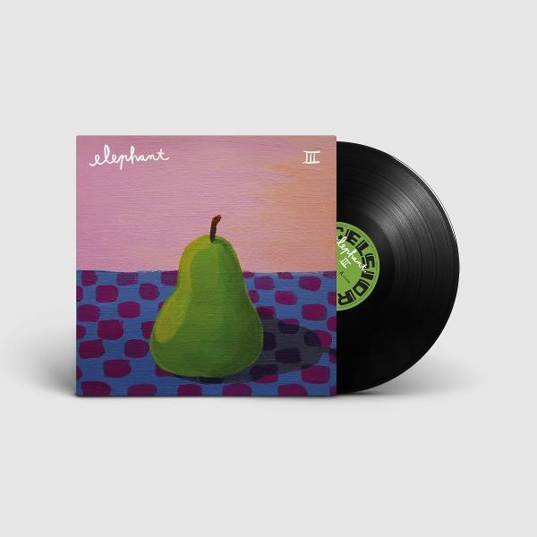 Vinyl-Schallplatte mit einem Cover einer grünen Birne auf einem rosa-blauen Hintergrund.