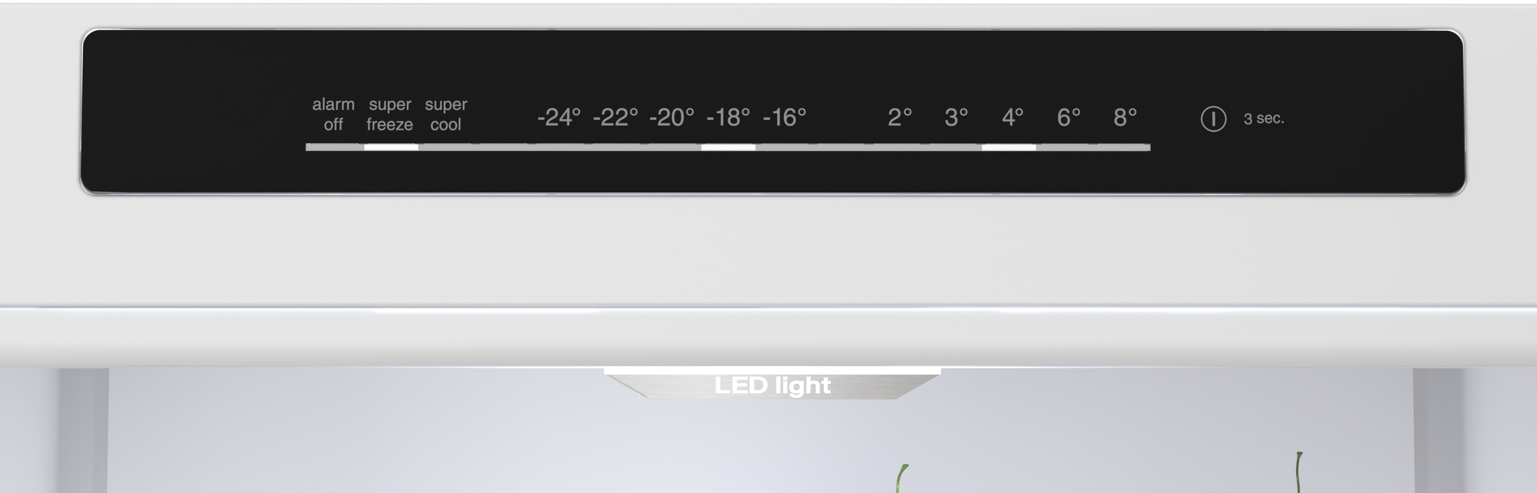 Bedienfeld im Kühlschrank mit Temperatureinstellungen und LED-Licht.