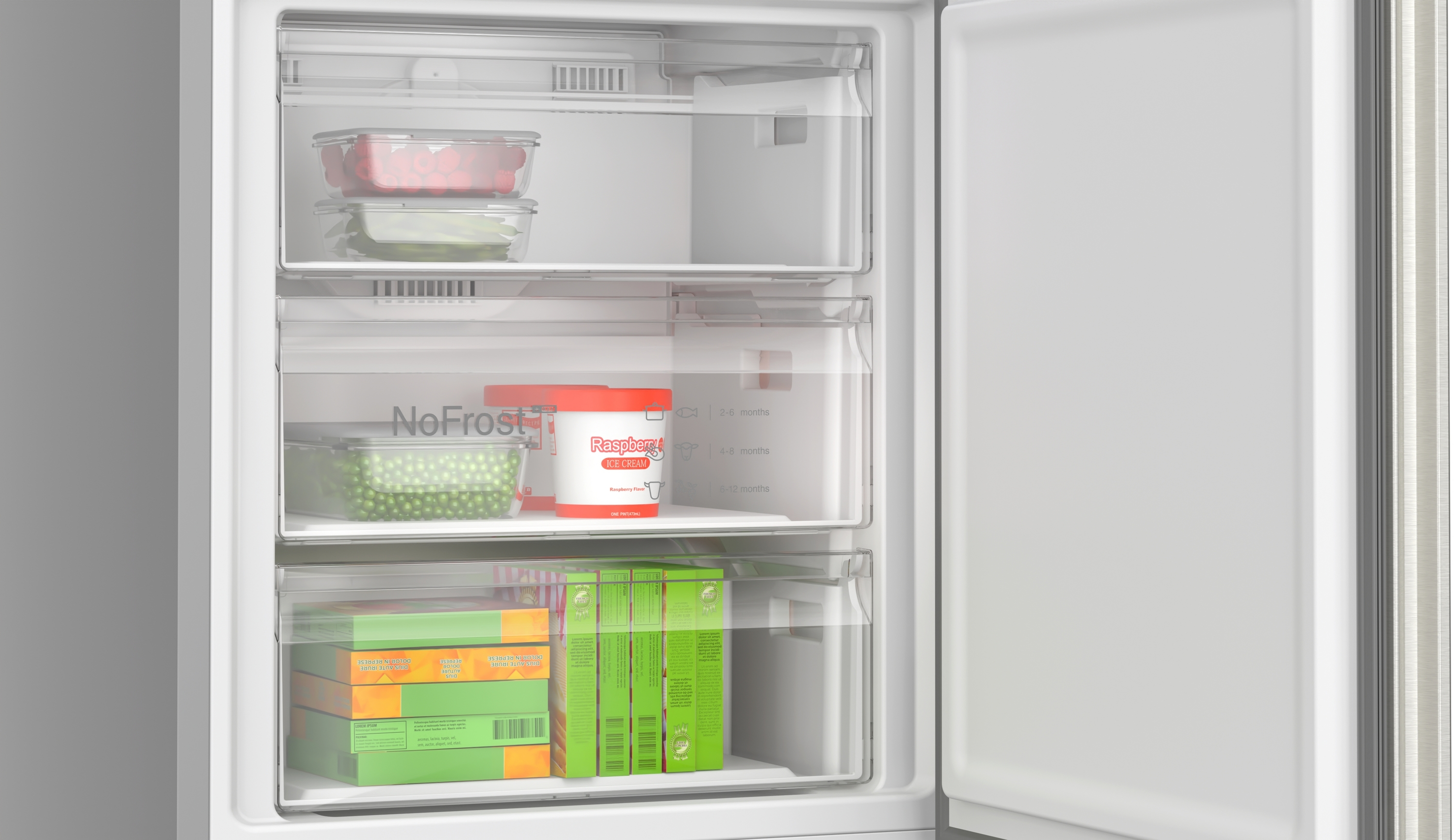 Offener Kühlschrank mit Tiefkühlkost. Oberes Regal: Himbeeren. Mitte: Erbsen und Eis. Unten: Tiefkühlboxen.