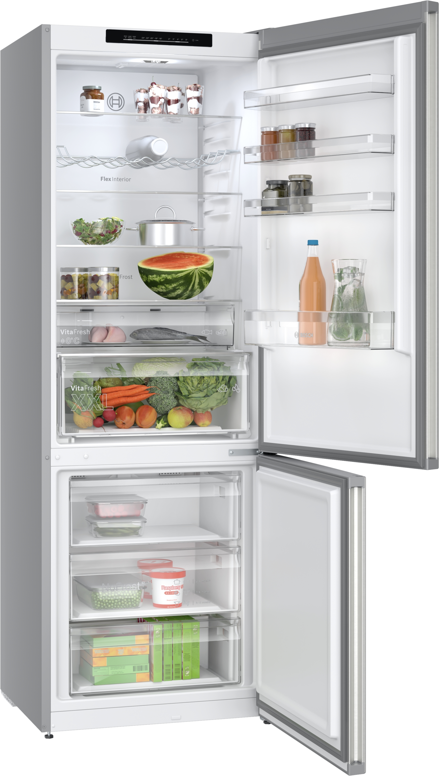 Ein offener Kühlschrank zeigt Lebensmittel: Wassermelone, Gemüse, Fisch, Gläser, Saft und Eis. Er hat offene Schubladen und Regale.