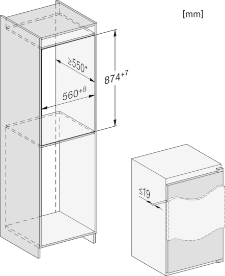 Diagramm eines Einbaugeräts, das Abmessungen und Einbauraum zeigt.
